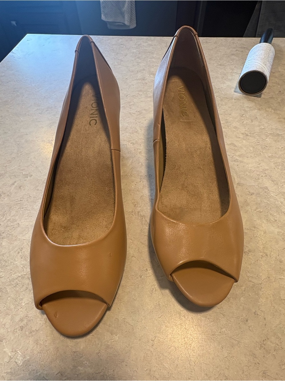 Vionic Tan Peep-Toe Wedges - Sleek Leather 9.5